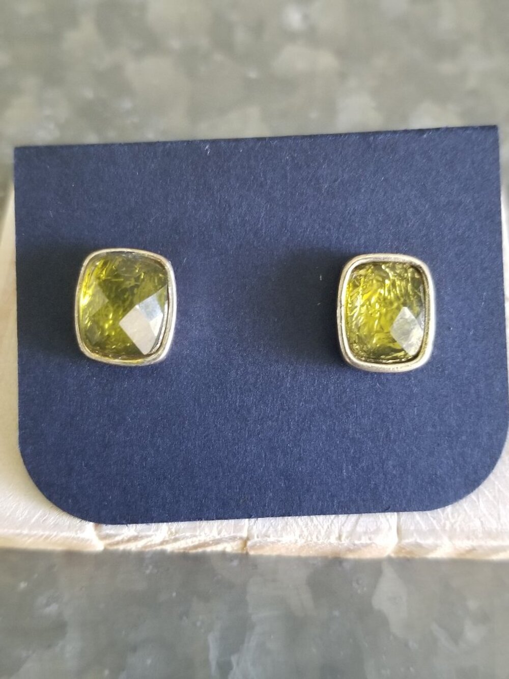 Cushion Cut Faux Peridot Gemstone Stud Earrings in Metal Bezel Emerald Shape